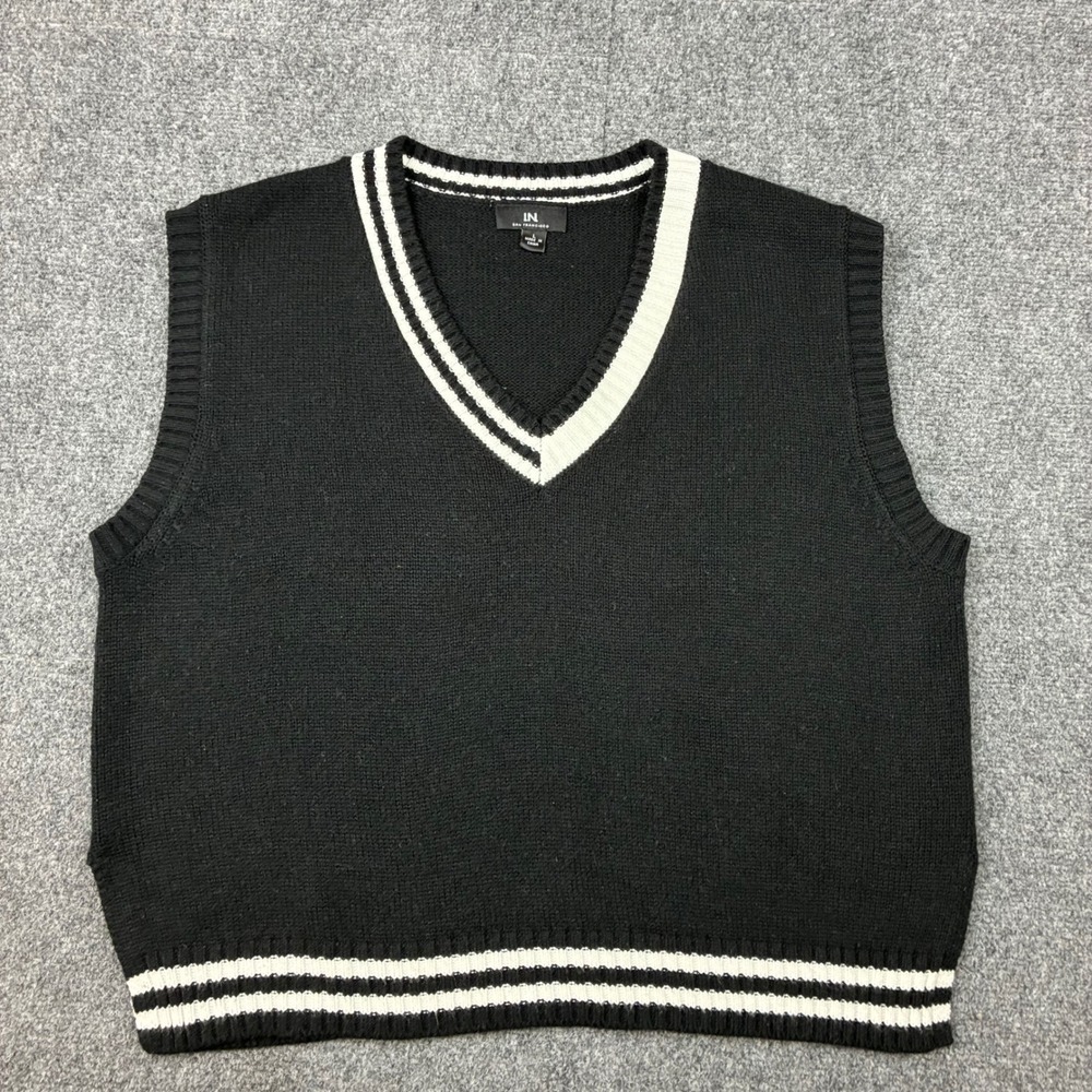 IN San Francisco Black White Striped V-Neck Knit Sweater Vest Large Preppy